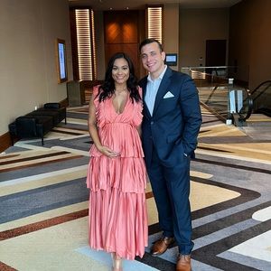 Coral tiered low v neck maxi dress